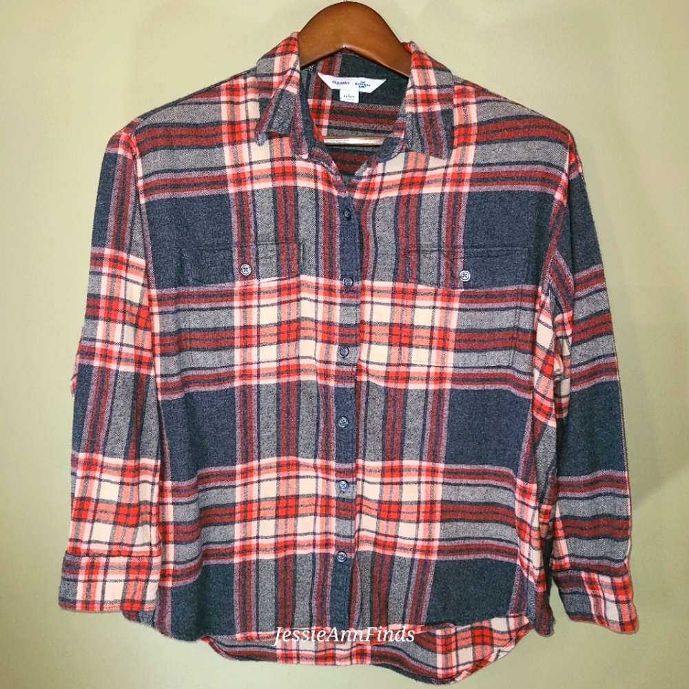 Old Navy Orange Gray Plaid Flannel Long Sleeve Shirt Top Size LP
